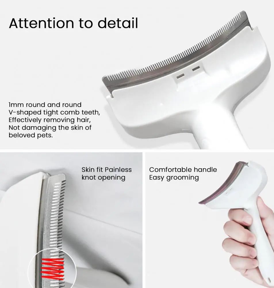 Pet grooming tool with text highlighting features on a white background